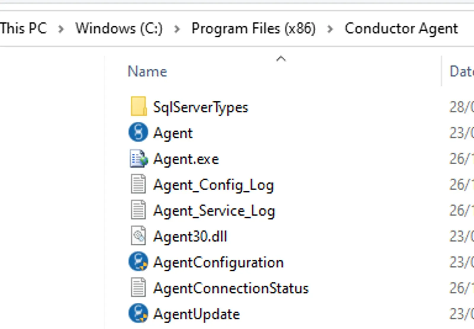 File Explorer in Program Files (x86) > Conductor Agent listing Agent.exe, AgentConfiguration and the AgentUpdate application